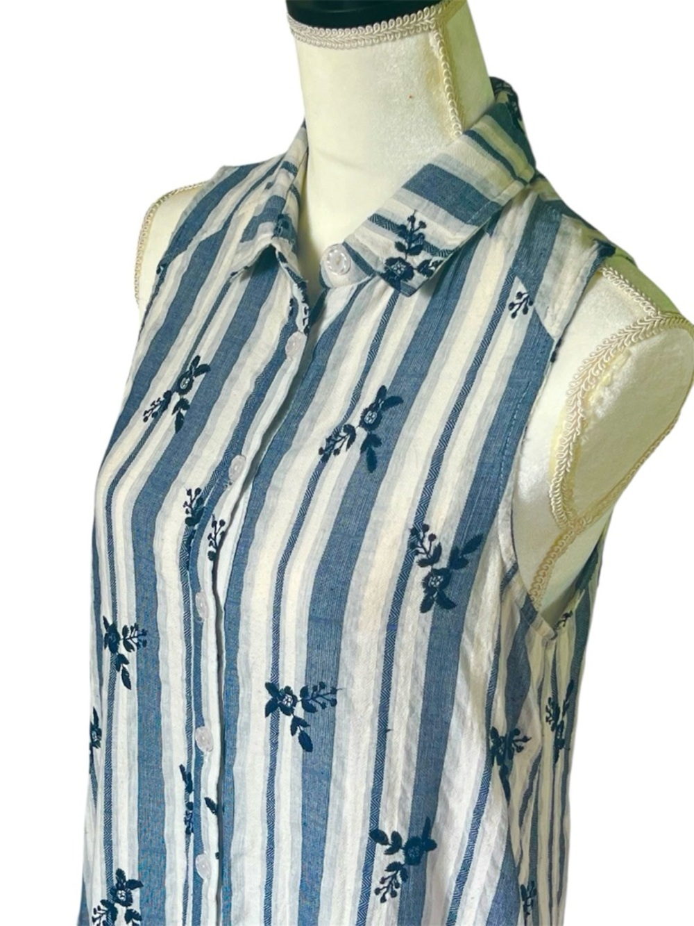Boho Chic Embroidered Cotton Striped Appliqué Midi Dress Blue and Ivory Size S - Picture 5 of 12